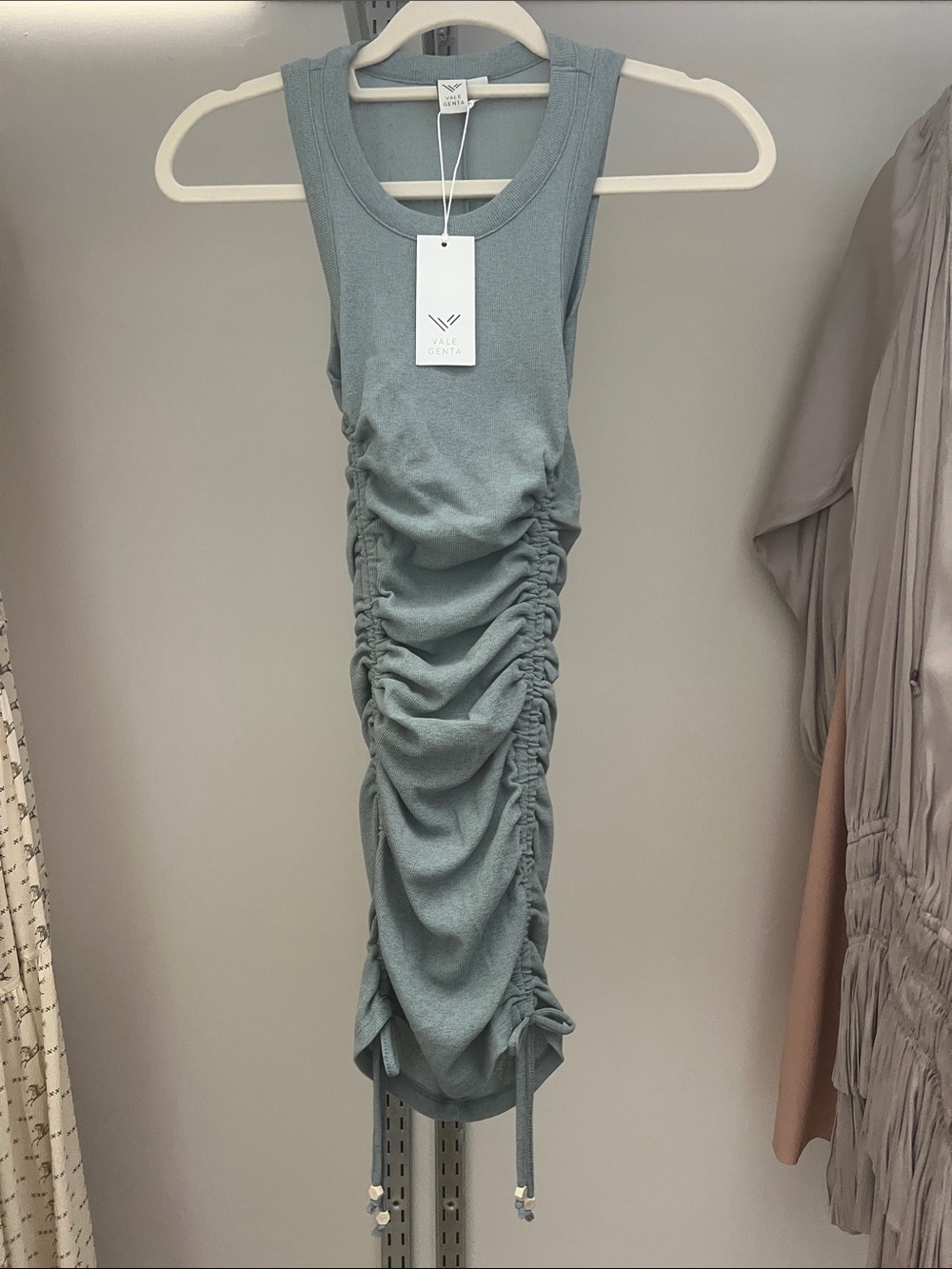 Sleeveless Ruched Beach Mesh Mini Dress in Sage Blue